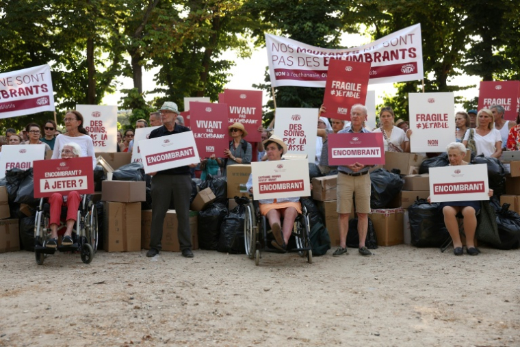 Manifestation organisée par l'association "pro-vie" Alliance Vita contre le projet de loi sur l'aide à mourir, le 22 juin 2026 à Paris ( AFP / Charlotte SIEMON )