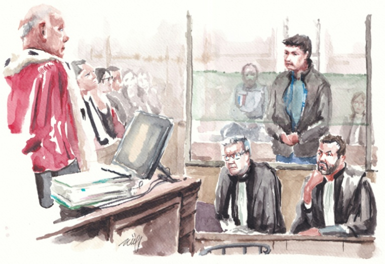 Croquis d'audience du 17 mars 2026 montrant le Chilien Nicolas Zepeda, accusé du meurtre en 2016 de son ex-petite amie japonaise, lors de son troisième procès au tribunal correctionnel de Lyon ( AFP / ZZIIGG )