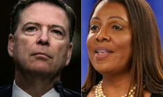 Combinaison de photos créée le 24 novembre 2025 montrant (à gauche) l'ancien directeur du FBI, le 8 juin 2017 au Capitole, à Washington, et (à droite) la procureure générale de l'Etat de New York, Letitia James, à New York le 16 février 2024 ( AFP / Brendan Smialowski )