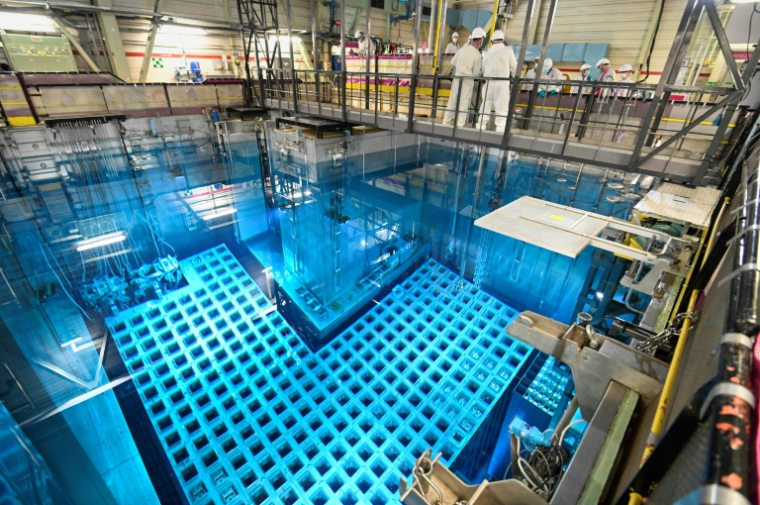 Des employés d'EDF retirent une barre de combustible nucléaire de la piscine de stockage de la centrale nucléaire de Fessenheim, le 21 juin 2021, à Fessenheim, dans le Haut-Rhin ( AFP / SEBASTIEN BOZON )