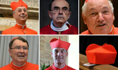 (g-d) Montage photos du 22 avril 2025 montrant les cardinaux français électeurs du futur pape: Dominique Mamberti, Philippe Barbarin, Jean-Marc Aveline, Christophe Pierre et François-Xavier Bustillo ( AFP / Andreas SOLARO )