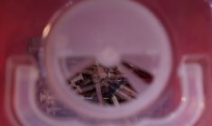 Des seringues jetables dans une poubelle