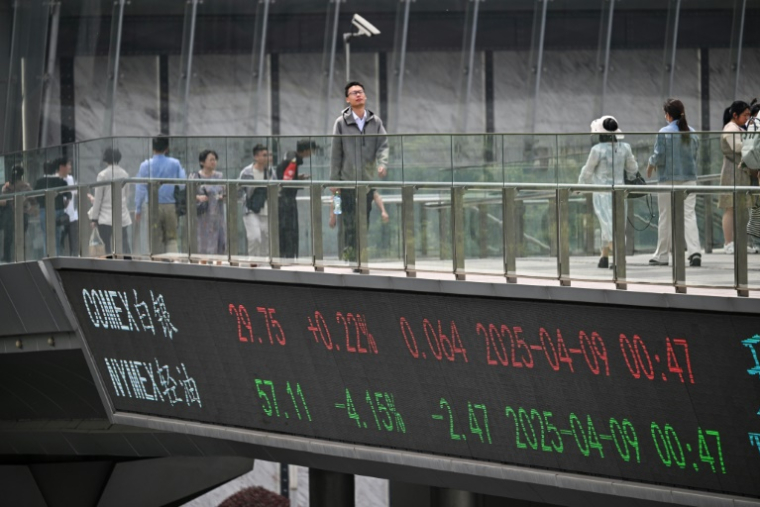 Des personnes traversent un pont piétonnier dans le district financier de Shanghai, le 9 avril 2025 ( AFP / Hector RETAMAL )