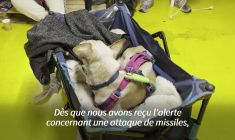 Des Israéliens réagissent alors qu'ils se mettent à l'abri