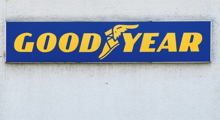 Logo Goodyear à l'usine de Colmar-Berg, le 14 mai 2024. ( AFP / Jean-Christophe VERHAEGEN )