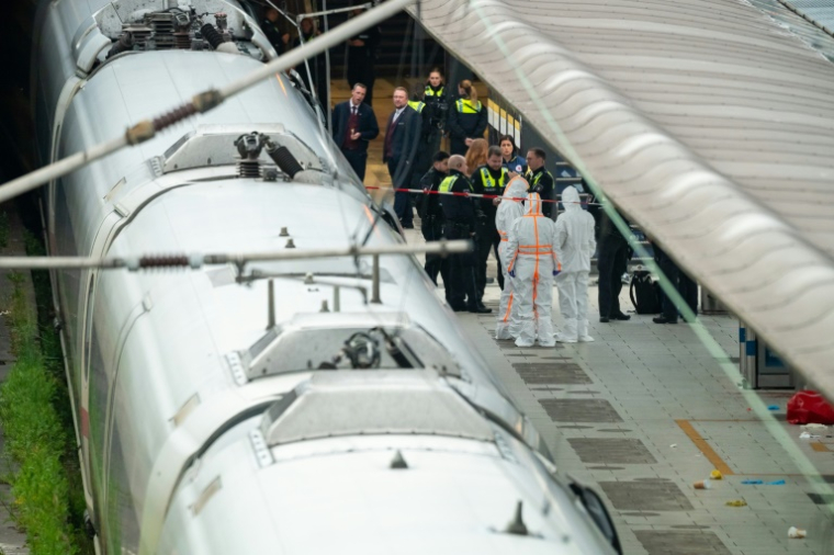 Des membres de la police scientifique et des policiers sur un quai de la gare centrale de Hambourg, où au moins 12 personnes ont été blessées lors d'une attaque au couteau, le 23 mai 2025 en Allemagne ( AFP / Jonas Walzberg )