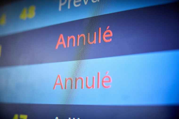 Un tableau affiche des vols annulés suite à une chute de neige à l'aéroport Paris-Orly, le 7 janvier 2026 ( AFP / Kiran RIDLEY )
