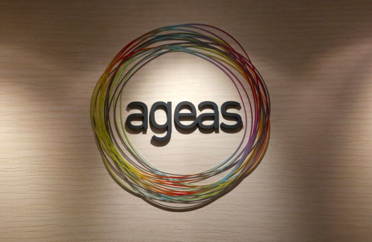 Le logo de la société Ageas dans son centre de service à la clientèle à Hong Kong