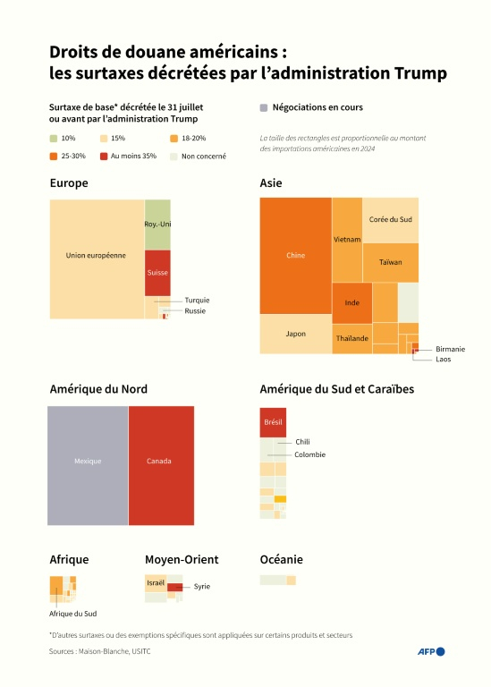 Montant des importations des Etats-Unis par région du monde, en indiquant le taux de surtaxes douanières décrété par l'administration Trump pour chaque pays, le 31 juillet ou avant ( AFP / Valentin RAKOVSKY )