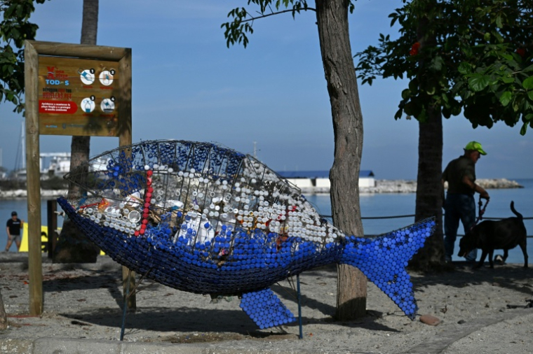 Un bac à recyclage en forme de poisson à Santa Marta, en Colombie, le 27 avril 2026 ( AFP / Raul ARBOLEDA )