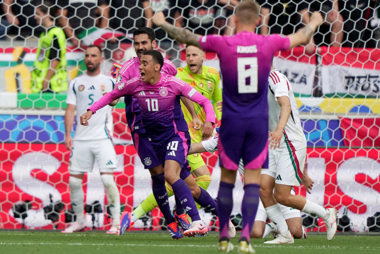 Germany's Jamal Musiala celebrates after scoring a goal 1-0 during the Euro 2024 soccer match between Germany and Hungary at the Stuttgart Arena , Stuttgart , Germany - Wednesday 19 June 2024. Sport - Soccer . (Photo by Spada/LaPresse) - Photo by Icon Sport