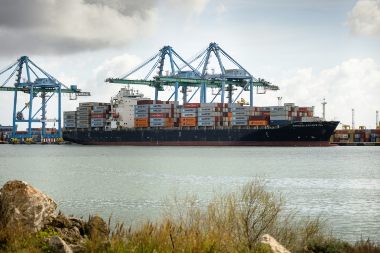 Après avoir refusé mercredi de charger sur un navire à destination d'Israël un conteneur rempli de composants militaires, les dockers CGT du port de Marseille-Fos en ont bloqué deux autres jeudi ( AFP / CLEMENT MAHOUDEAU )
