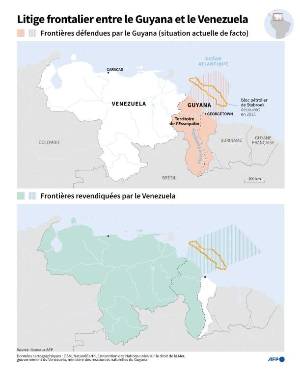 Cartes du Guyana et du Venezuela, montrant pour l'une la situation actuelle avec le territoire de l'Essequibo, actuellement sous administration guyanaise, et pour l'autre la revendication du Venezuela sur le territoire ainsi que sa zone économique exclusive ( AFP / Sophie RAMIS )