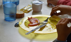 Des enfants mangent dans des assiettes en plastique à la cantine d'une école à Bordeaux, le 13 septembre 2017 ( AFP / GEORGES GOBET )