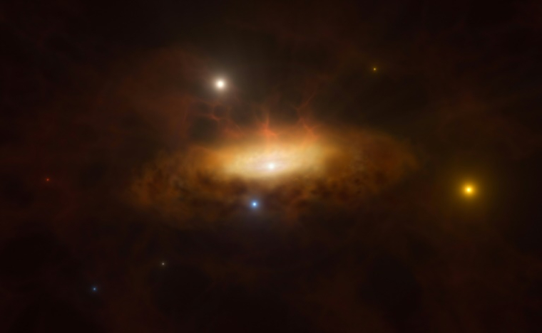 Vue d'artiste de la galaxie SDSS1335+0728, dans la constellation de la Vierge, au coeur de la quelle s'est réveillé un trou noir supermassif, dans une photo distribuée le 18 juin 2024 par l'Observatoire européen austral ( European Southern Observatory / ESO/M. Kornmesser )