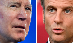 Joe Biden à Wahsington, aux États-Unis, le 21 janvier 2022, et Emmanuel Macron à Bruxelles, en Belgique, le 18 juillet 2023. ( AFP / SAUL LOEB )