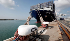 Le porte-conteneurs CMA CGM Antoine de Saint Exupery est à quai lors de son inauguration officielle au Havre