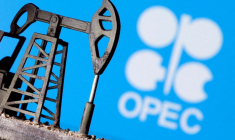 Illustration d'un cric de pompe à pétrole imprimé en 3D devant le logo de l'OPEP