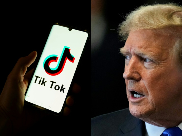 Logo du réseau social TikTok sur un smartphone, et le président américain Donald Trump ( AFP / Antonin UTZ )