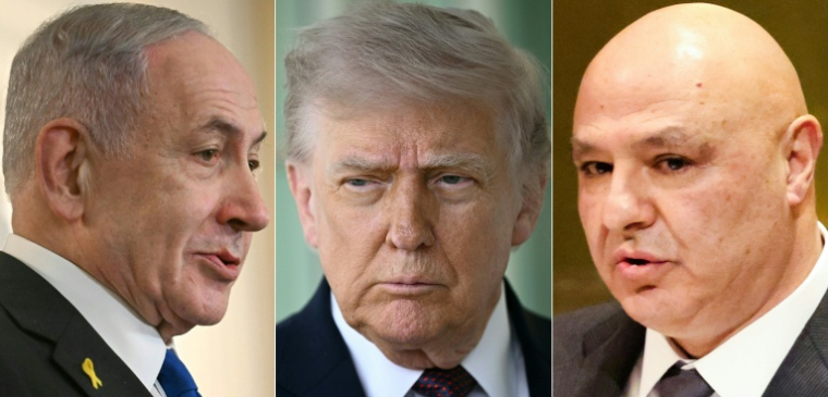 Montage photos du 16 avril 2026 motnrant (g-d) le Premier ministre israélien Benjamin Netanyahu, le président américain Donald Trump et le président libanais Joseph Aoun ( AFP / Jim WATSON )