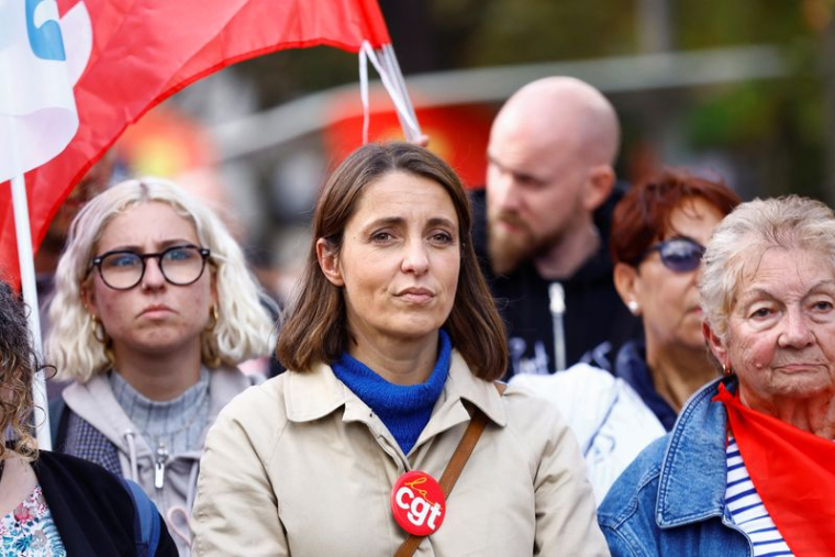 La secrétaire générale de la CGT, Sophie Binet lors d'un manifestation  à Paris