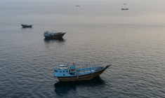 Des bateaux ancrés au large de la péninsule de Musandam, au nord d'Oman, près du détroit d'Ormuz, le 27 juin 2026 ( AFP / - )