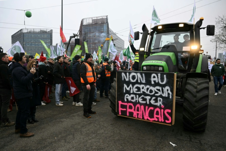 Des agriculteurs européens manifestent devant le Parlement européen contre l'accord de libre-échange entre l'UE et les pays du Mercosur, à la veille d'un vote sur une saisine des tribunaux, le 20 janvier 2026 à Strasbourg ( AFP / NICOLAS TUCAT )