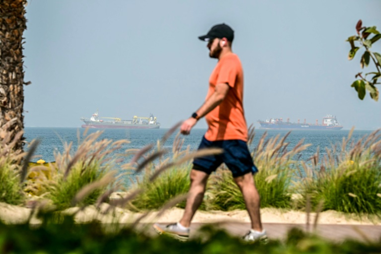 Un homme se promène sur le front de mer tandis que des cargos sont ancrés au large de Dubaï, le 2 mars 2026 ( AFP / Giuseppe CACACE )