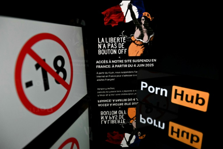 Un symbole d'interdiction aux moins de 18 ans, le logo Pornhub et la figure allégorique de la Liberté "Marianne" du tableau d'Eugène Delacroix "La Liberté guidant le peuple" sur la page d'accès au site bloquée en signe de protestation contre les exigences de vérification de l'âge des utilisateurs, le 4 juin 2025 à Toulouse ( AFP / Lionel BONAVENTURE )