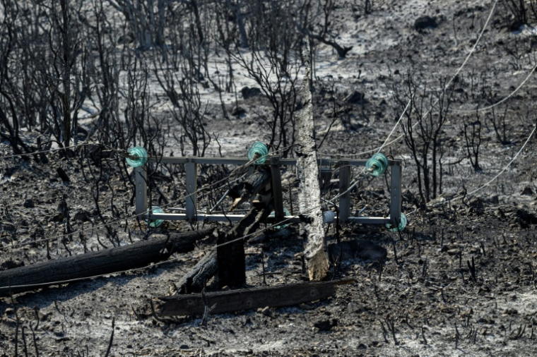Un pylone électrique à terre dans le paysage calciné après le passage de l'incendie à Coustouge, dans l'Aude, le 8 août 2025 ( AFP / Lionel BONAVENTURE )