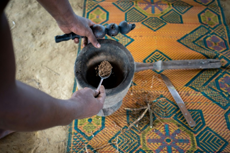 Un homme montre la racine d'iboga, réduite en poudre fine, lors de la cérémonie du bois sacré au village de Ndossy, à Akanda, le 13 février 2025 au Gabon ( AFP / Nao Mukadi )