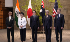 Les chefs de la diplomatie de l'Inde (Subrahmanyam Jaishankar), du Japon (Yoko Kamikawa), de l'Australie (Penny Wong) et des Etats-Unis (Antony Blinken), réunis à Tokyo aux côtés du Premier ministre japonais Fumio Kishida ce lundi 29 juillet. ( POOL / SHUJI KAJIYAMA )
