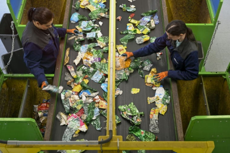 Dans le centre de surtri d'Epinal dans les Vosges, le 28 juin 2028, ultime vérification des déchets sélectionnés ( AFP / Jean-Christophe VERHAEGEN )