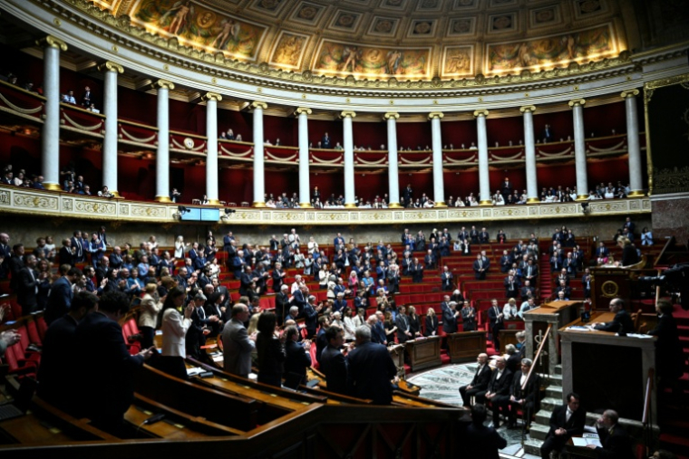 Les députés applaudissent à l'annonce de la libération et du retour en France de Cécile Kohler et Jacques Paris, le 7 avril 2026, à l'Assemblée nationale, à Paris ( AFP / JULIEN DE ROSA )