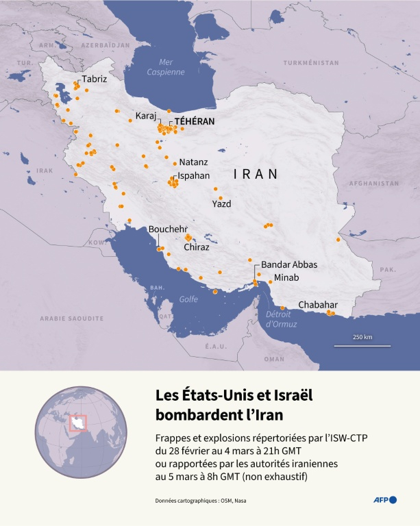Carte d'Iran localisant des frappes et explosions répertoriées par l'Institute for the Study of War and AEI's Critical Threats Project, au 4 mars à 21h GMT, ou rapportées par les autorités iraniennes au 5 mars à 9h GMT (non exhaustif), après que les États-Unis et Israël ont lancé une opération militaire ( AFP / Luca MATTEUCCI )