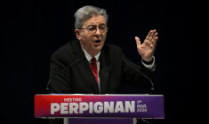 Le fondateur de La France insoumise Jean-Luc Mélenchon lors d'un meeting le 1er mars 2026 à Perpignan ( AFP / Ed JONES )