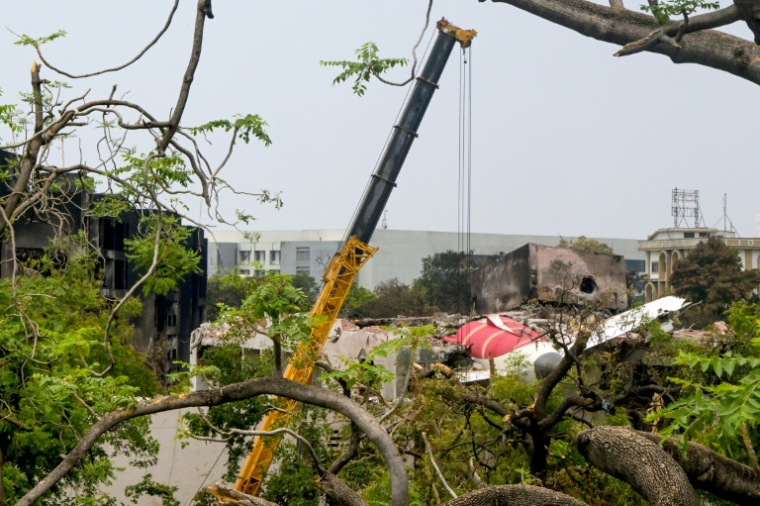 Une grue retire la queue de l'appareil d'Air India qui s'est écrasé sur une zone résidentielle à Ahmedabad, dans le nord-ouest de l'Inde, le 14 juin 2025 ( AFP / DIBYANGSHU SARKAR )