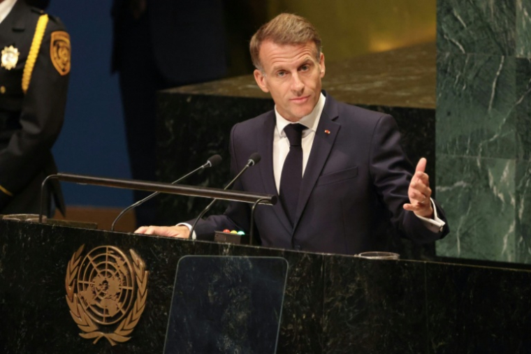 Emmanuel Macron lors de son discours à l'ONU, à New York, le 22 septembre 2026 ( AFP / Ludovic MARIN )