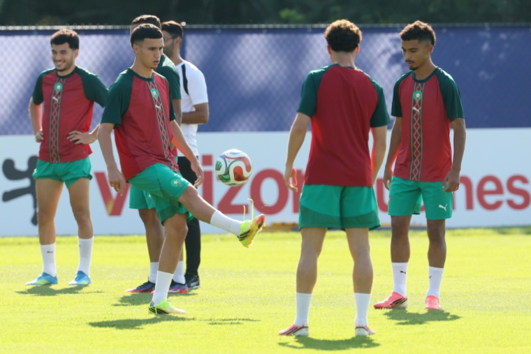 Les Marocains lors d'une séance d'entraînement à Foxborough, près de Boston, le 8 juillet 2026, à la veille d'affronter l'équipe de France  ( AFP / Odd ANDERSEN )