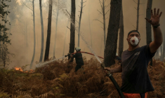 Un volontaire lutte contre le feu dans la forêt à Lanton (Gironde) le 29 juillet 2026 ( AFP / Ed JONES )