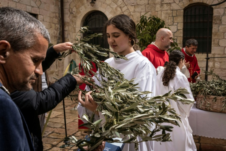 Des enfants de choeur distribuent des branches d'olivier avant la procession du dimanche des Rameaux, dans la Vieille ville de Jérusalem le 29 mars 2026 ( AFP / JOHN WESSELS )