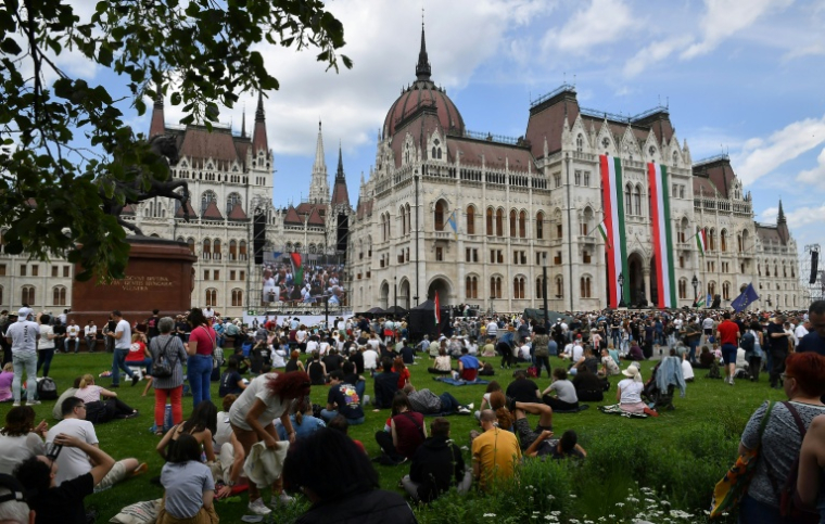 Des partisans du nouveau Premier ministre hongrois Peter Magyar rassemblés devant le Parlement, à Budapest, le 9 mai 2026 ( AFP / Ferenc ISZA  )