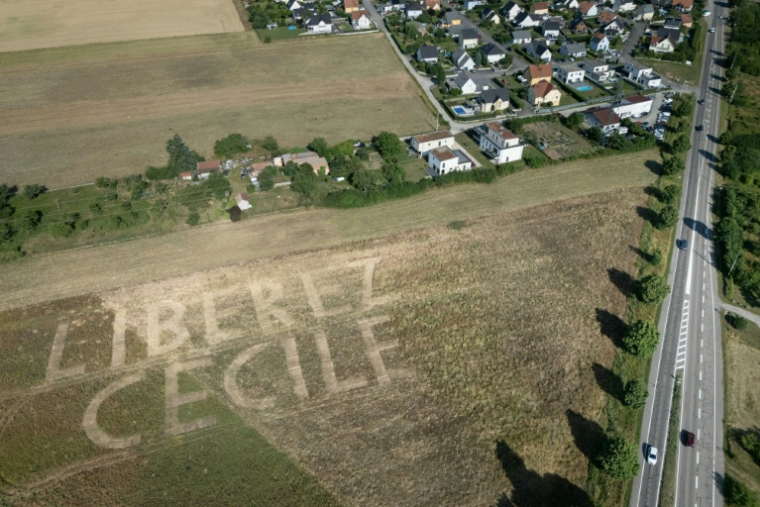 Vue aérienne d'un message géant "Libérez Cécile" dans un champ à Soultz-Haut-Rhin, le 18 juin 2025 dans l'est de la France, en soutien à Cécile Kohler détenue en Iran ( AFP / SEBASTIEN BOZON )