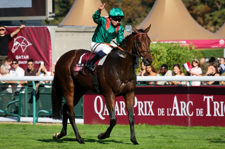 Le jockey français Mickaël Barzalona sur le pur-sang français Daryz remporte le Prix de l'Arc de Triomphe pour la deuxième année d'affilée, le 4 octobre 2026 sur l'hippodrome de Longchamp, à Paris ( AFP / MEHDI FEDOUACH )