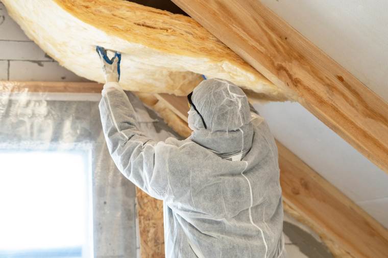 Un ouvrier en train d'isoler une toiture de maison. (crédit : Adobe Stock)
