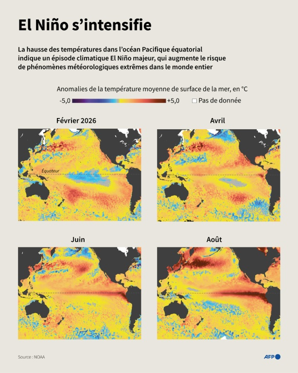 Cartes de l’océan Pacifique montrant la hausse des anomalies de température moyenne mensuelle de la surface de la mer, de février à août 2026, indicateur d’un important épisode El Niño qui augmente le risque de phénomènes météorologiques extrêmes dans le monde entier ( AFP / Omar KAMAL )