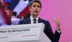 Le président du parti renaissance, Gabriel Attal, lors d'un meeting du parti à Saint-Denis (Seine-Saint-Denis), le 6 avril 2025 ( AFP / Thomas SAMSON )