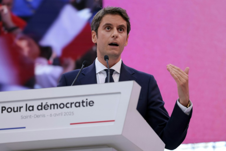Le président du parti renaissance, Gabriel Attal, lors d'un meeting du parti à Saint-Denis (Seine-Saint-Denis), le 6 avril 2025 ( AFP / Thomas SAMSON )