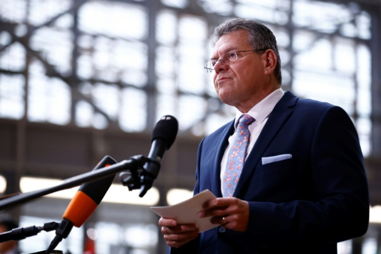 le commissaire européen au Commerce, Maros Sefcovic, le 15 mai 2025 à Bruxelles ( AFP / SIMON WOHLFAHRT )