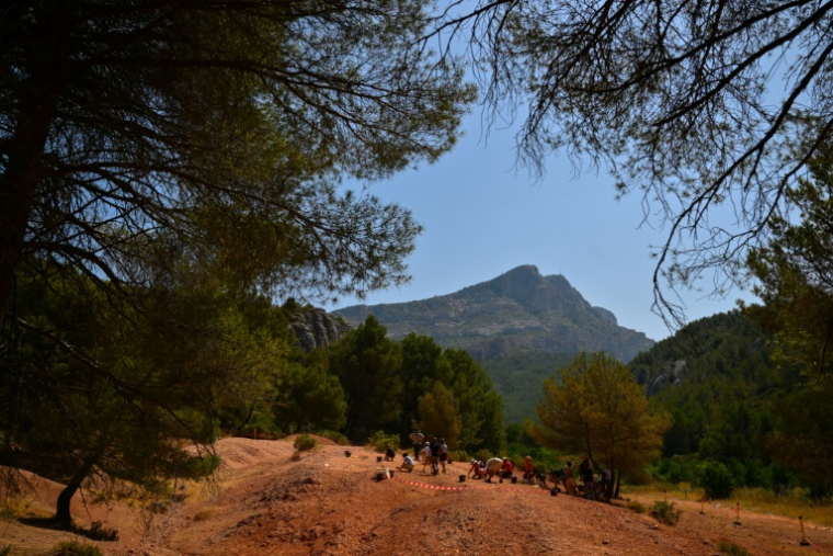 Des personnes cherchent des œufs de dinosaures sur le site de la montagne Sainte-Victoire, près d'Aix-en-Provence, le 25 juin 2025 dans les Bouches-du-Rhône ( AFP / Christophe SIMON )